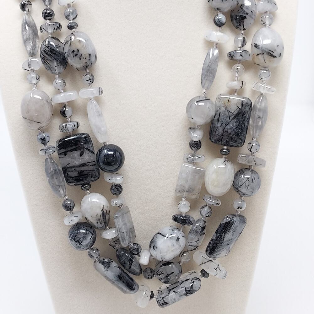 Tourmalinated Quartz Gemstone Three Strand Necklace Hand Knotted 22" to 24"